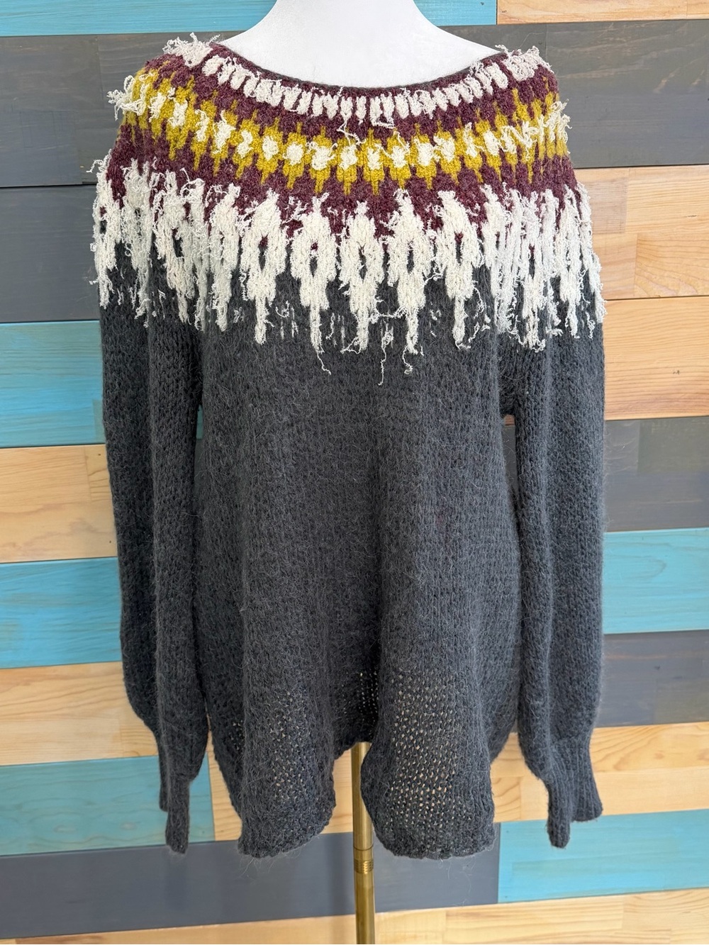 Free People Baltic Fair Isle Boatneck Bishop Sleeve Wool Blend Sweater
